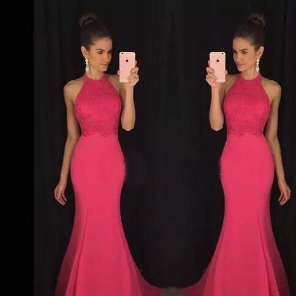

modest fuchsia lace prom dresses halter backless mermaid floor length evening party gowns vestidos de fiesta customized, Black