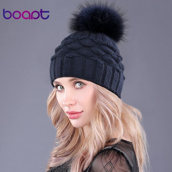

boapt] wool double-deck fish scale decoration caps for women winter genuine raccoon fur pompons knited hats beanie female hat, Blue;gray