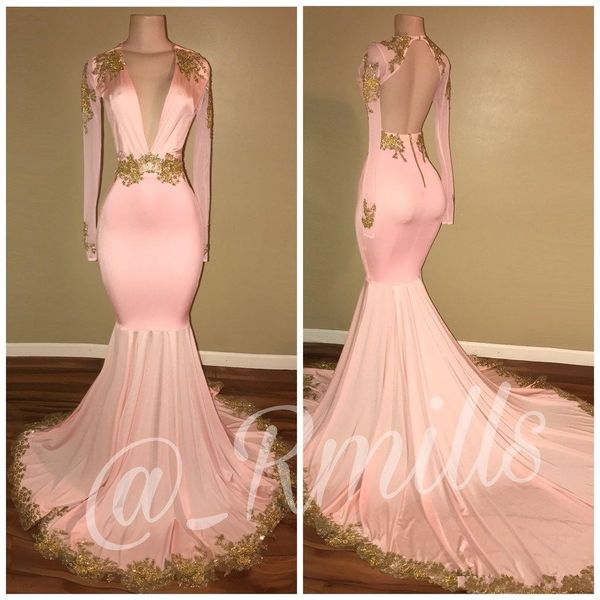 2020 Africano Sereia Rosa Vestidos de baile Sexy profundo decote em V Backless mangas compridas ouro apliques Trem da varredura Evening vestidos BA7606