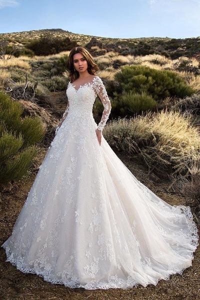 

2019 country lace wedding dresses sweep train applique tulle sheer backless a-line long sleeve modest bridal gowns vestios de marriage w183, White