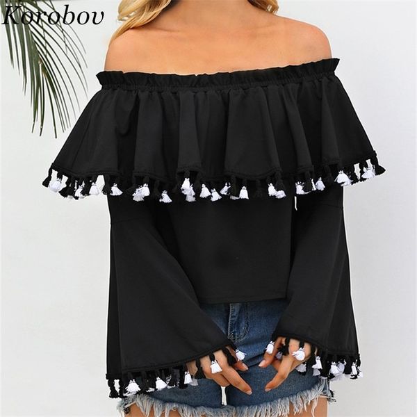 

korobov tassel ruffles women blouse off shoulder slash neck shirts long flare sleeve solid short blusa feminina 51212, White