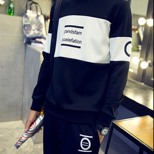 

2018 new men set cotton letter pattern slim sweatshirt set stitching color o-neck casual youth coat male clothes -5xl, Gray