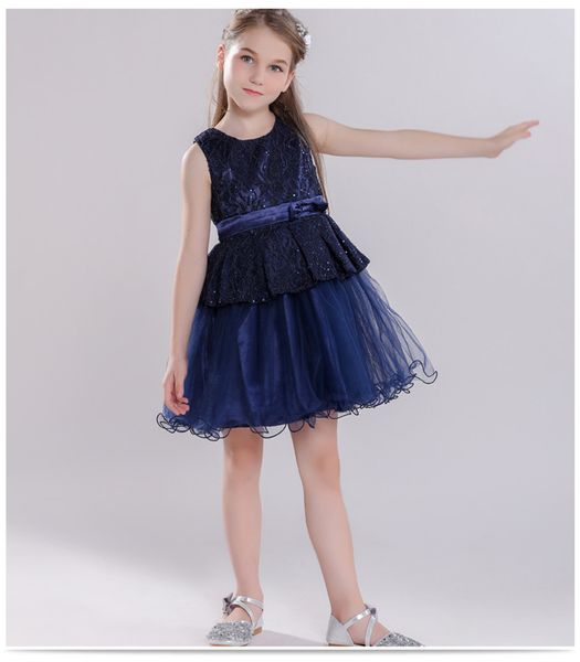 

girls knee length formal dresses princess wedding sleeveless navy blue baby girl tutu ball gown dress 18052601, Red;yellow