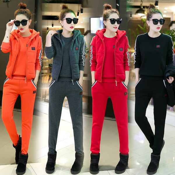 

women tracksuit sporting suit winter fleece printed hooded sweater hoodies+vest+pants casual jog running set sportswear 3pcs, Black;blue