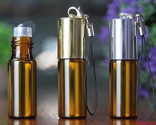 

new amber empty glass pendant sample perfume bottle with steel roller ball glass vials small essential oil bottle 5ml