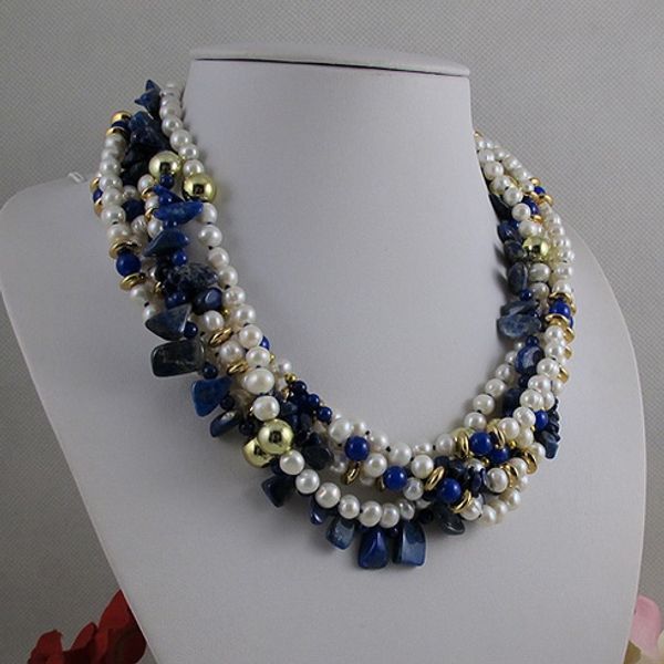 

new arriver real pearls blue lapis jewellery,white genuine freshwater pearl with blue color lapis lazuly necklace 6rows 20inches, Silver