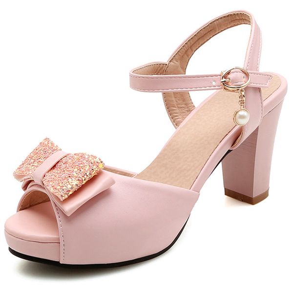

2018 women sandals sweet pink bowknot summer shoes elegant peep toe prom shoes comfortable square heel shoes, Black