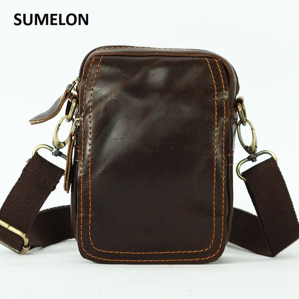 

100% genuine leather men bags vintage waist pack through belt casual shoulder bag messenger bag 5.5" mobile