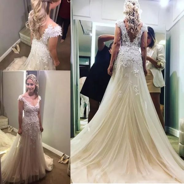 

custom cap sleeves lace mermaid wedding dresses 2020 with beaded appliques deep v neck court train backless wedding bridal gowns, White