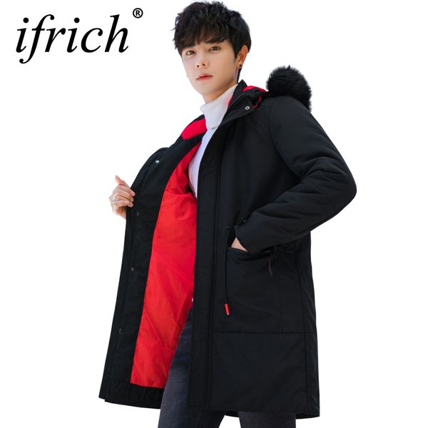 

2018 winter jacket men fur hooded slim korean parka hombre long jacket coat cashmere mens windbreaker parkas youth clothes down, Black