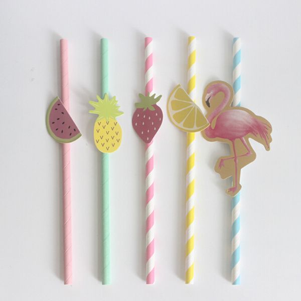 

creative paper drinking straws pink flamingo pinapple lemon strawberry fruit paper straws party supplies 100 pcs