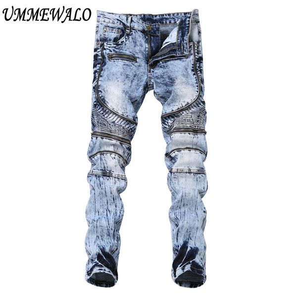 

ummewalo biker jeans for men denim skinny jeans mens fashion slim straight patchwork jean male brand moto hombre, Blue