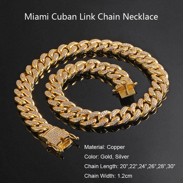 Männer Frauen Hip Hop MIAMI CUBAN LINK Kette Halskette massivem Kupferguss Mikro-Zirkonia-Verschluss ICED OUT Bling Schmuck 20