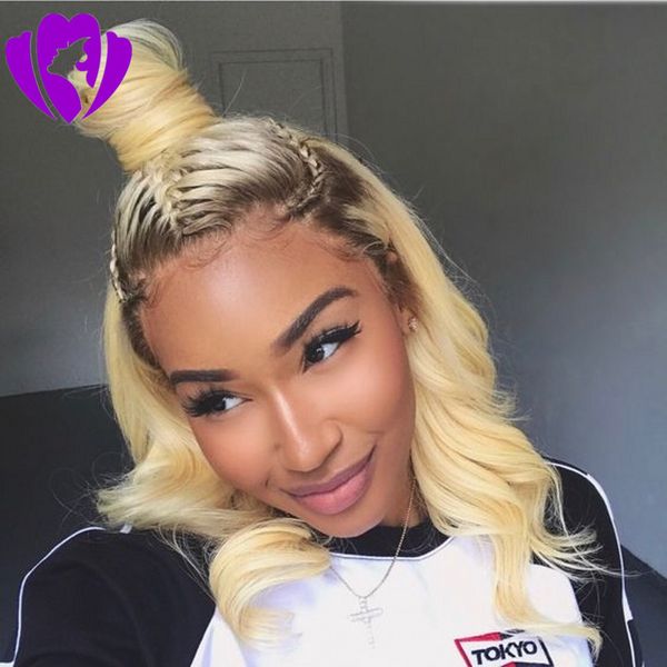 

elling ombre blonde lace front wig hand tied body wave short bob wig heat resistant fiber hair synthetic lace front wigs for women, Black