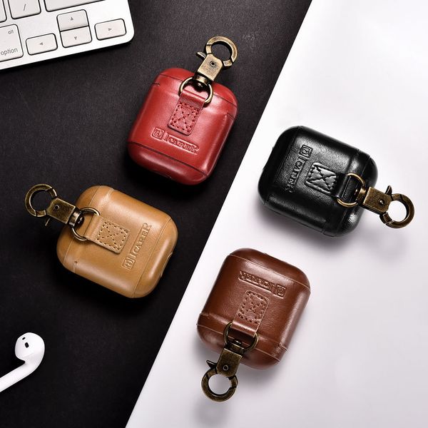 

Genuine Leather Bag For AirPods Case Vintage Genuine Leather Cover For Apple Airpod Luxury Protective Storage Bag With Carabiner