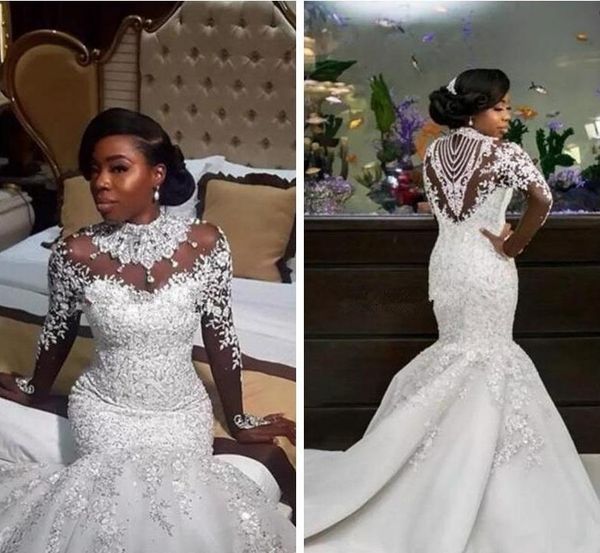 

luxurious high neck mermaid wedding dresses crystals sheer long sleeve mermaid appliques bridal wedding gowns vestido de novia, White