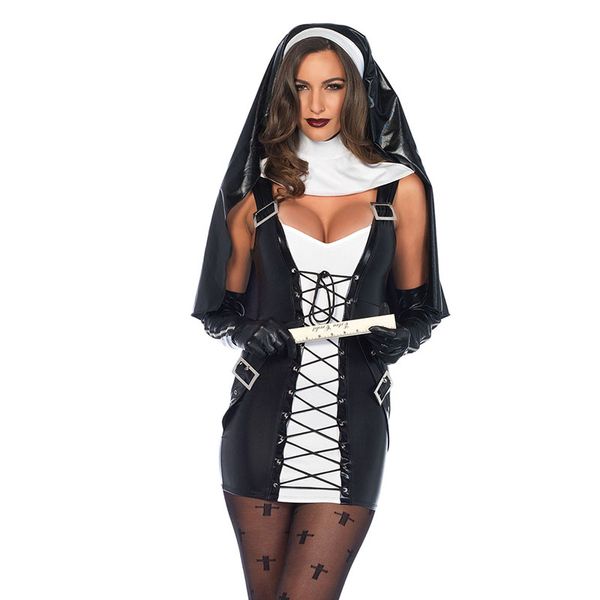 

women naughty nun costume black faux leather fancy dress cosplay carnival halloween costume nun dress