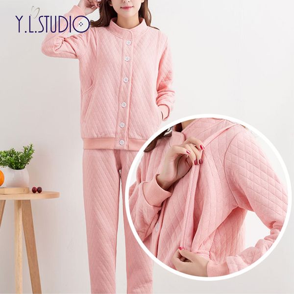 

warm pijama women feeding cotton maternity sleepwear breastfeeding nightwear home nursing set maternity suits clothes winter, White