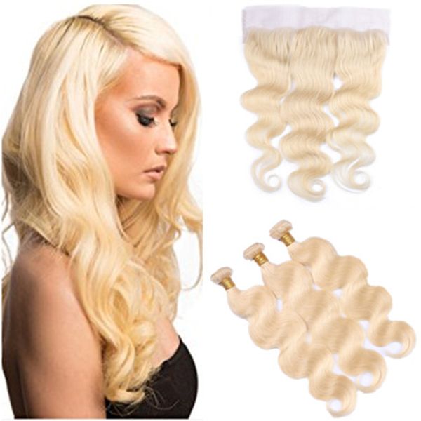 

russian blonde human hair weaves with full lace frontal body wave #613 blonde virgin hair bundles with ear to ear lace frontal 13x4, Black;brown