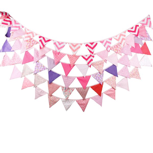 

6pc/lot 3.2m 12flags pink wedding fabric bunting decoration baby shower birthday party decorations kids p prop home garland