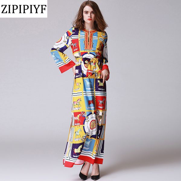 

zipipiyf 2018 spring women cartoon printing elegant dress good quality o-neck ankle-length vestidos with belt casual women, White;black