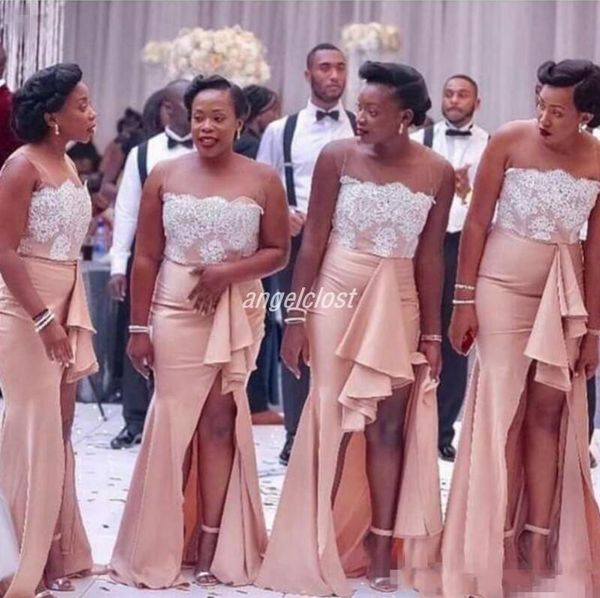 Acheter Côté Split Afrique Sirène Robes De Demoiselle Dhonneur 2018 Sheer Neck Ruffles Dentelle Balayage Train Jardin Pays De Mariage Invité Robes