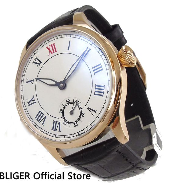 

classic 44mm white sterile dial rose golden case 17 jewels 6498 hand winding movement men's wrist watches genuine leather strap, Slivery;brown