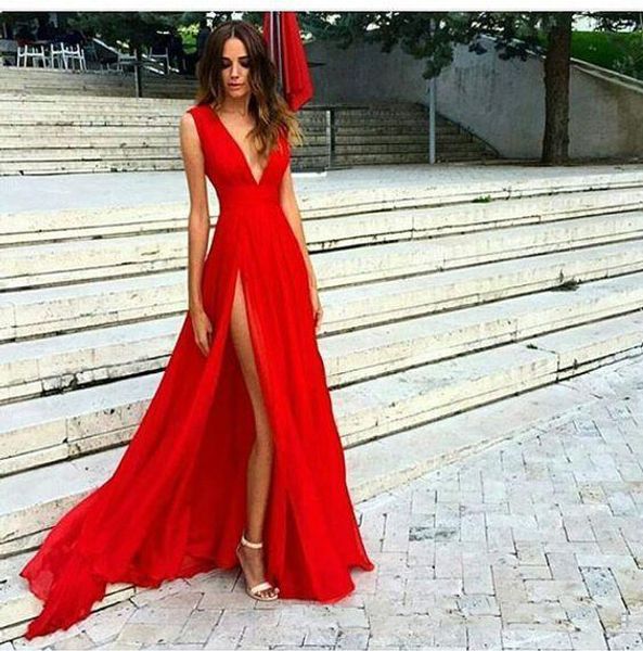 

Red Prom Dresses Cheap 2019 Latest Deep V Neck Formal Evening Dress Long Imported sweep chiffon Party Gowns High Split Evening Gowns Cheap