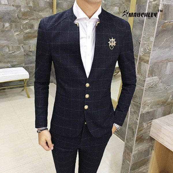 

2pcs/set jacket with pants slim fit mens prom suits boy party dress suit wedding suits classic mandarin collar plaid design 2018, White;black