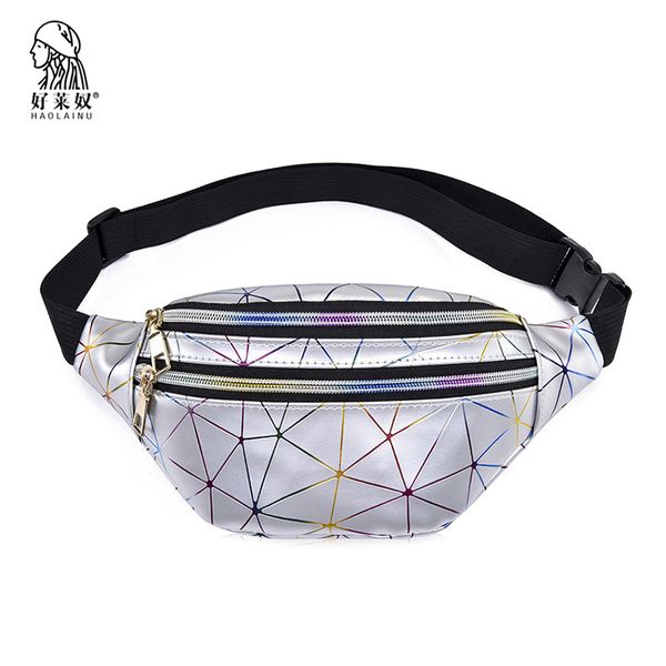 

holographic fanny pack for women geometric plaid women laser bum bag reflective sliver belt waist bag holographic purse pochete