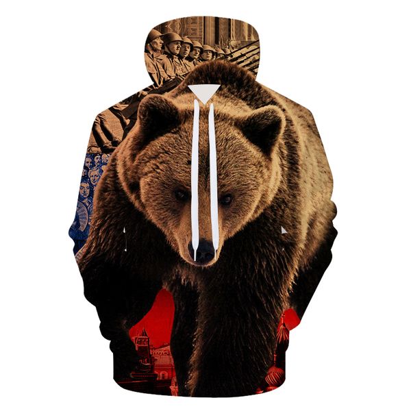 

2018-2030 3d printing mens hoodies and sweatshirts men hooded russian bear print clothing pullovers sudadera hombre, Black