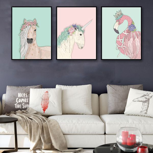 

art nordic style canvas pictures poster cartoon animals flamingo horse unicorn crown and flower paintings wall decoration prints