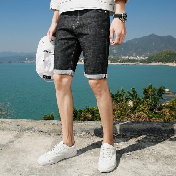 

summer 2018 men's jeans shorts men's korean version of slim body stretch beggar holes youth five-cent trousers pants, White;black