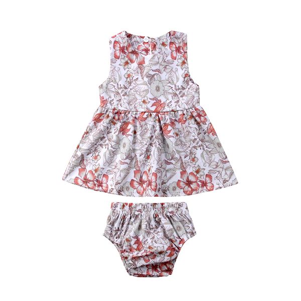 

floral newborn baby girl clothes summer sleeveless mini dress +baby bloomers shorts 2pcs outfits sunsuit clothing set, White