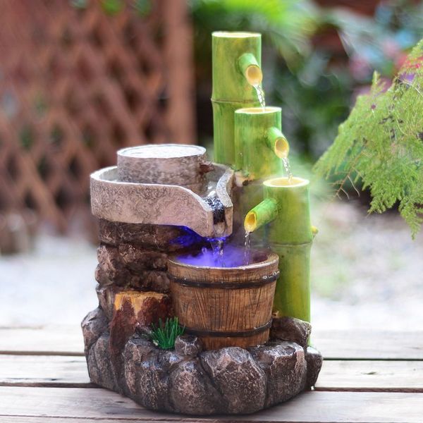 Acheter Résine Artisanat Feng Shui Eau Fontaine Décoration De La Maison Jardin Ornements Cadeaux De Vacances Artificielle Pierre Bambou Fontaine De