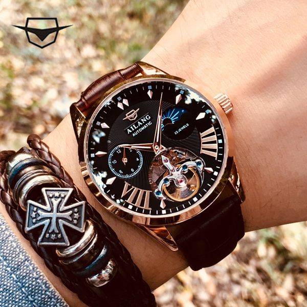 

ailang design in 2018 the latest true luxury men automatic hollow mechanical watch men's fashion sports waterproof watch belt, Slivery;brown