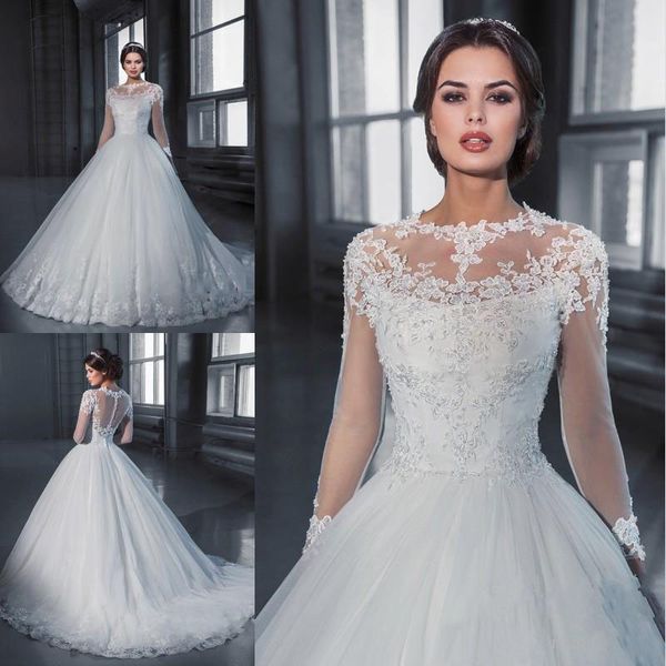 

vestido de noiva princess ball gown long sleeve lace wedding dresses 2017 see through tulle vintage bridal gowns robe de mariage, White