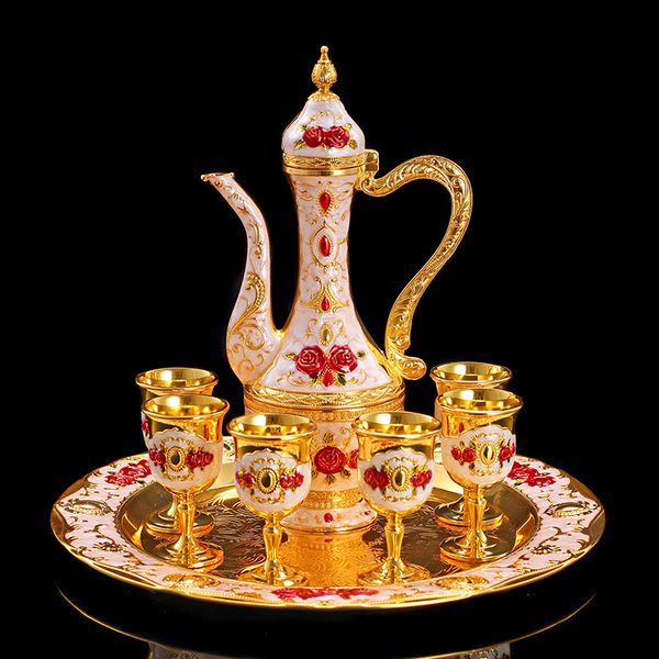 

8pcs/lot vintage gold sier wine ware set drinkware home metal hip flask sake cup tray creative kit pot teacup fruit dish gifts