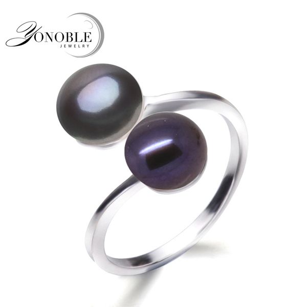

younoble wedding black ring natural pearl rings women silver 925 double pearl rings adjustable wife anniversary birthday gift, Golden;silver