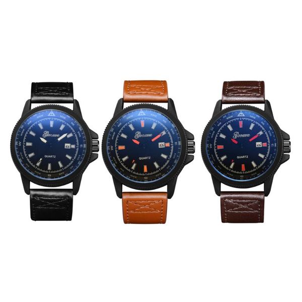 

man watches leather strap double dial plate dial gauge outdoor sports multi function quartz wristwatch relogio, Slivery;brown