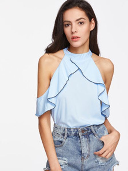 

2018 summer new european and american wild strapless lotus leaf t-shirt, White