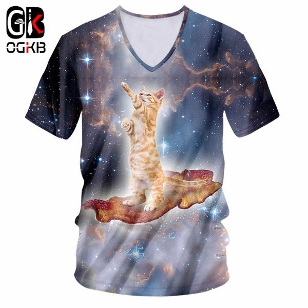 

ogkb men's v neck tshirt funny print galaxy space cat 3d t-shirts man hiphop streetwear short sleeve tee shirts summer, White;black