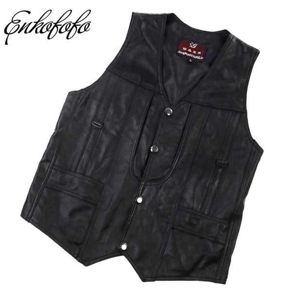 Gilet in vera pelle nera da uomo Abbigliamento taglie forti Gilet da moto in pelle di pecora Fotografia Gilet Giacca da moto uomo 5XL 6XL