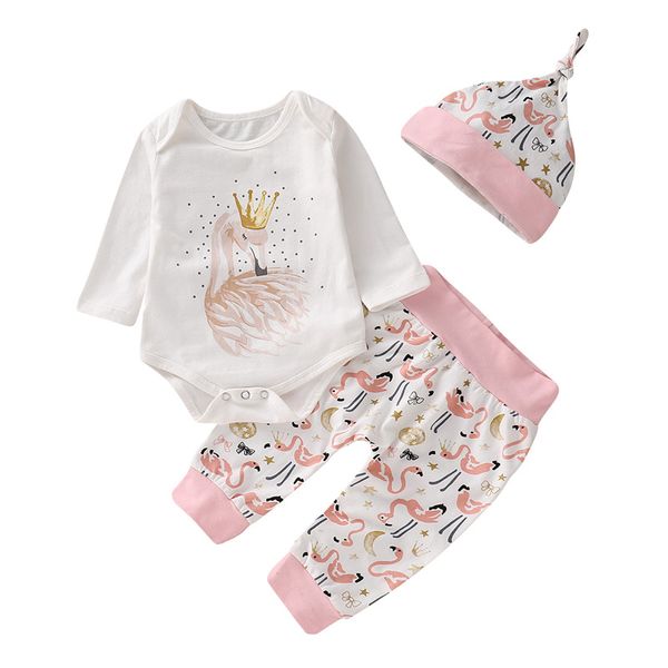 

autumn 2018 new baby girl 3pcs clothes set newborn baby girls cotton long sleeve bodysuit long pants hats outfits vestidos, White