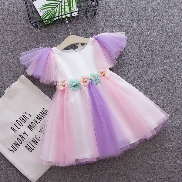 Abito estivo per bambini Manica a petalo Arcobaleno Fiore Principessa Abito da sposa Tutu Abito da festa Abbigliamento per ragazze Neonato Abiti per bambini Compleanno