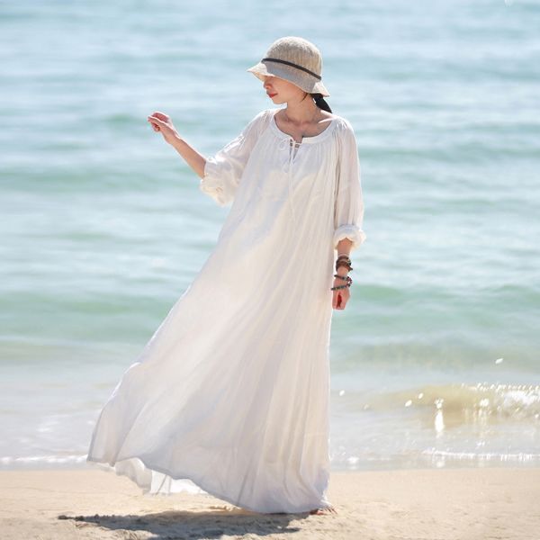

lzjn white beach dress long sleeve women 2018 spring autumn cotton linen robe round v-neck with belt mori girl dresses 7255, White;black