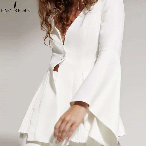 

pinkyisblack fashion elewhite women blazer new flare sleeve ruffles slim v neck jacket office ladies plus size work coat, White;black