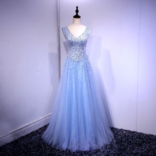 

beaded v neck tulle evening dresses 2018 long prom dresses lace back party dress floor length, Black;red