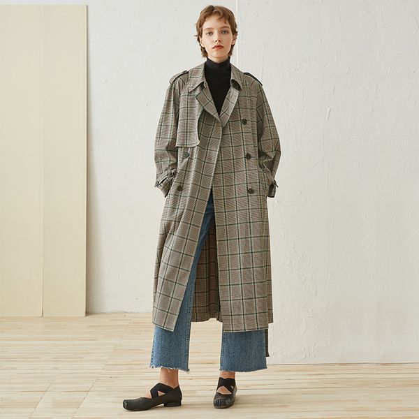 

irinaw576 new arrival autumn 2018 long oversize vintage plaid trench coat women, Tan;black