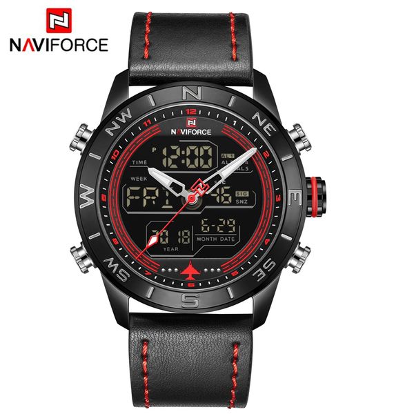

naviforce mens digital watches analog led watch men sport luxury japan quartz genuine leather male wristwatch relogio masculino, Slivery;brown